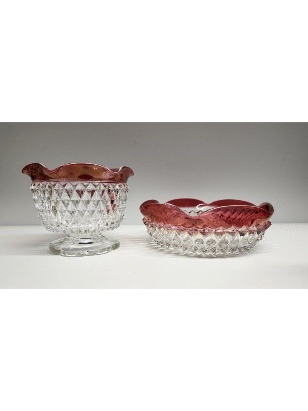 Diamond Point Ruby Flash Bowl Set Vintage Indiana Glass Ruffle Top